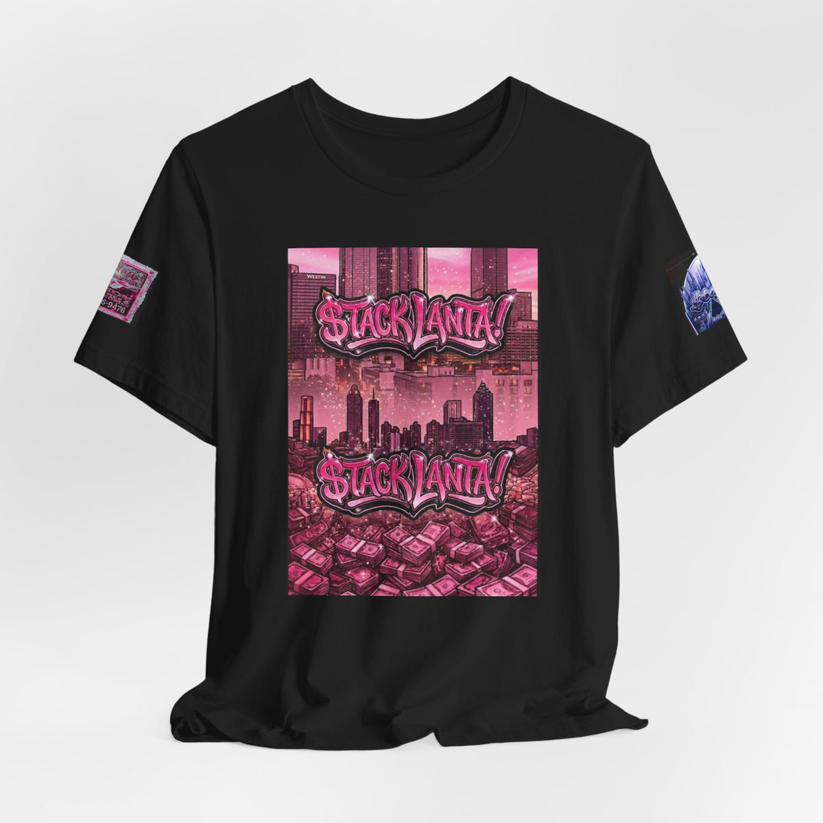 $tacklanta T-Shirt - Pink Atlanta Skyline Money Stacks Graffiti, Blue Arch Sleeve Edition