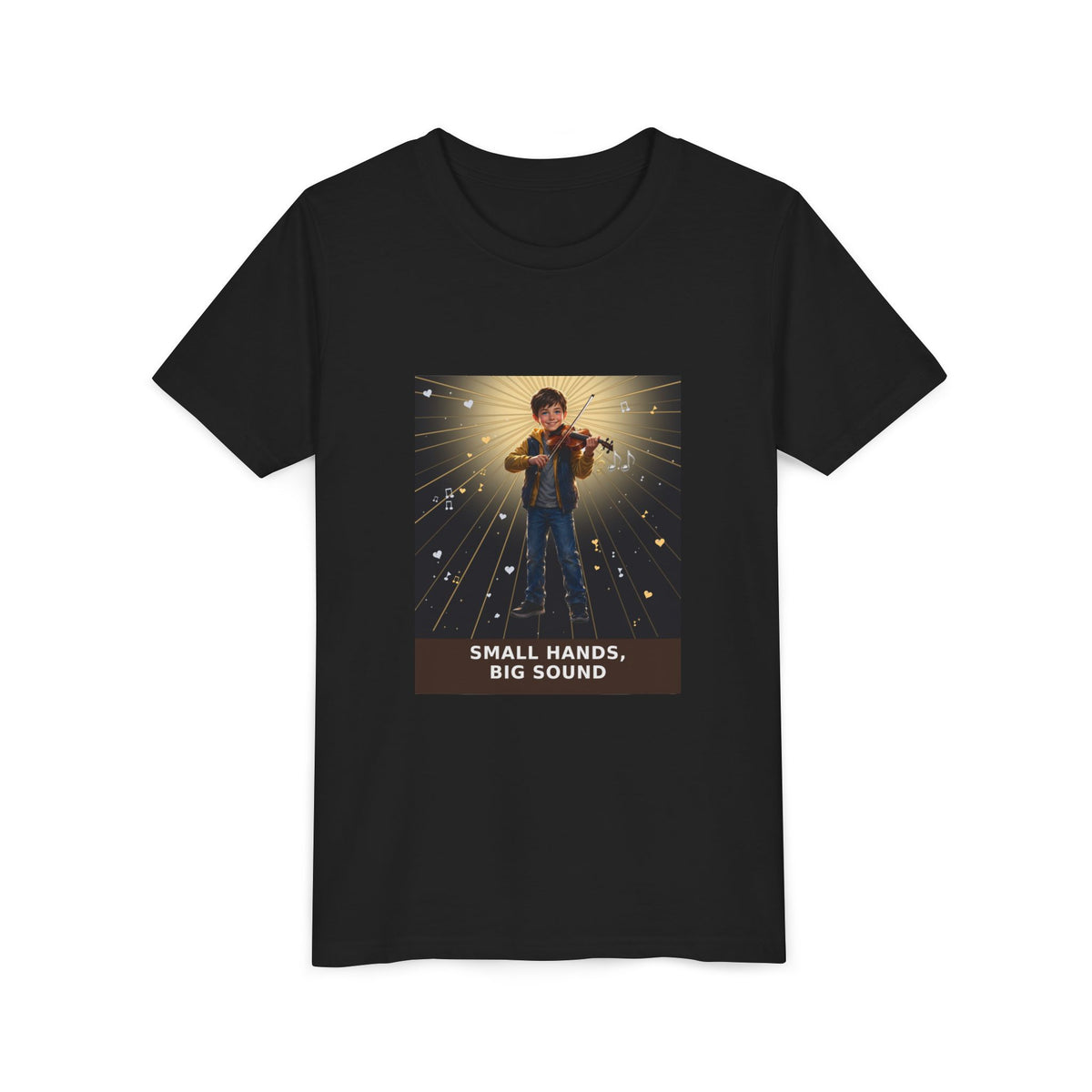 Small Hands, Big Sound — Boy Violin Pre-Teen Musician Tee (Front Print)
