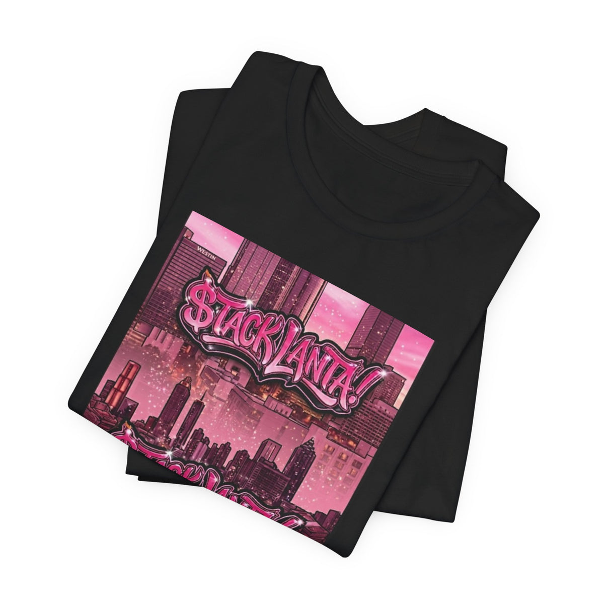 $tacklanta T-Shirt - Pink Atlanta Skyline Money Stacks Graffiti, Blue Arch Sleeve Edition