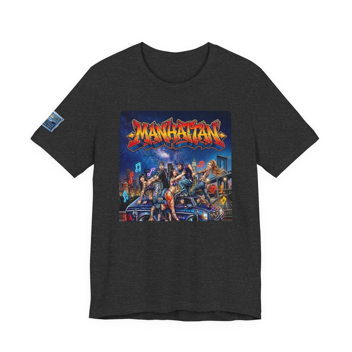Manhattan Graffiti Car T-Shirt — NYC Street Art Front Print, Badge Sleeve