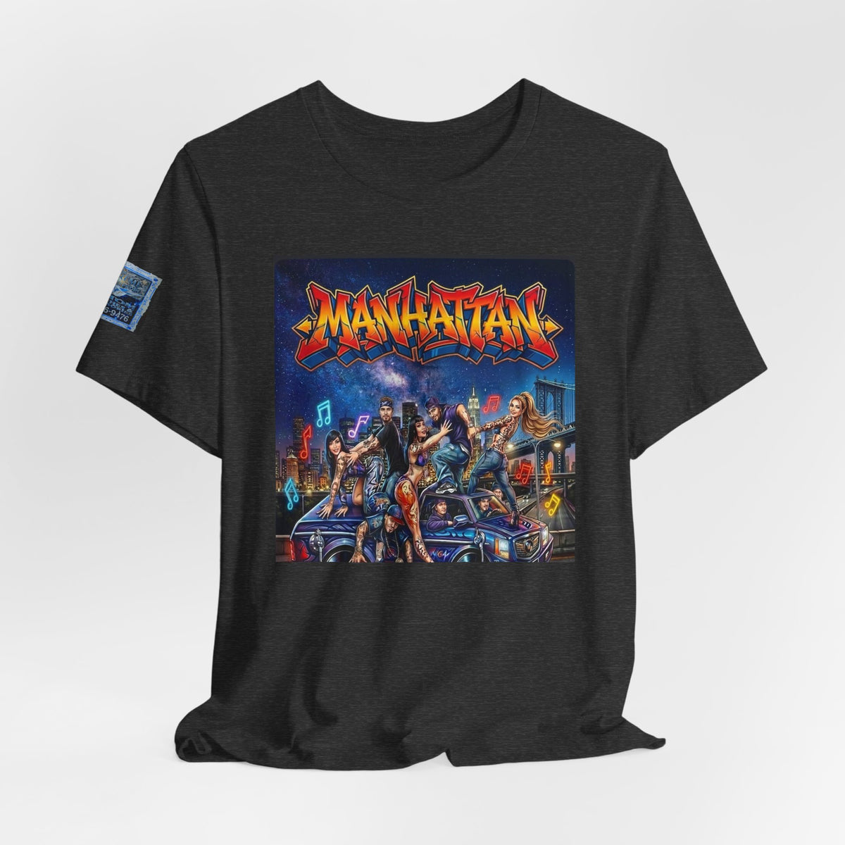 Manhattan Graffiti Car T-Shirt — NYC Street Art Front Print, Badge Sleeve
