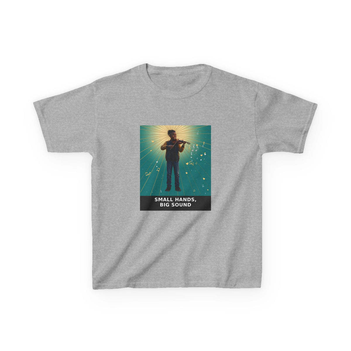 Small Hands, Big Sound — Black Boy Violin Pre-Teen Musician Tee (Teal) (Budget Edition) (Front Print)