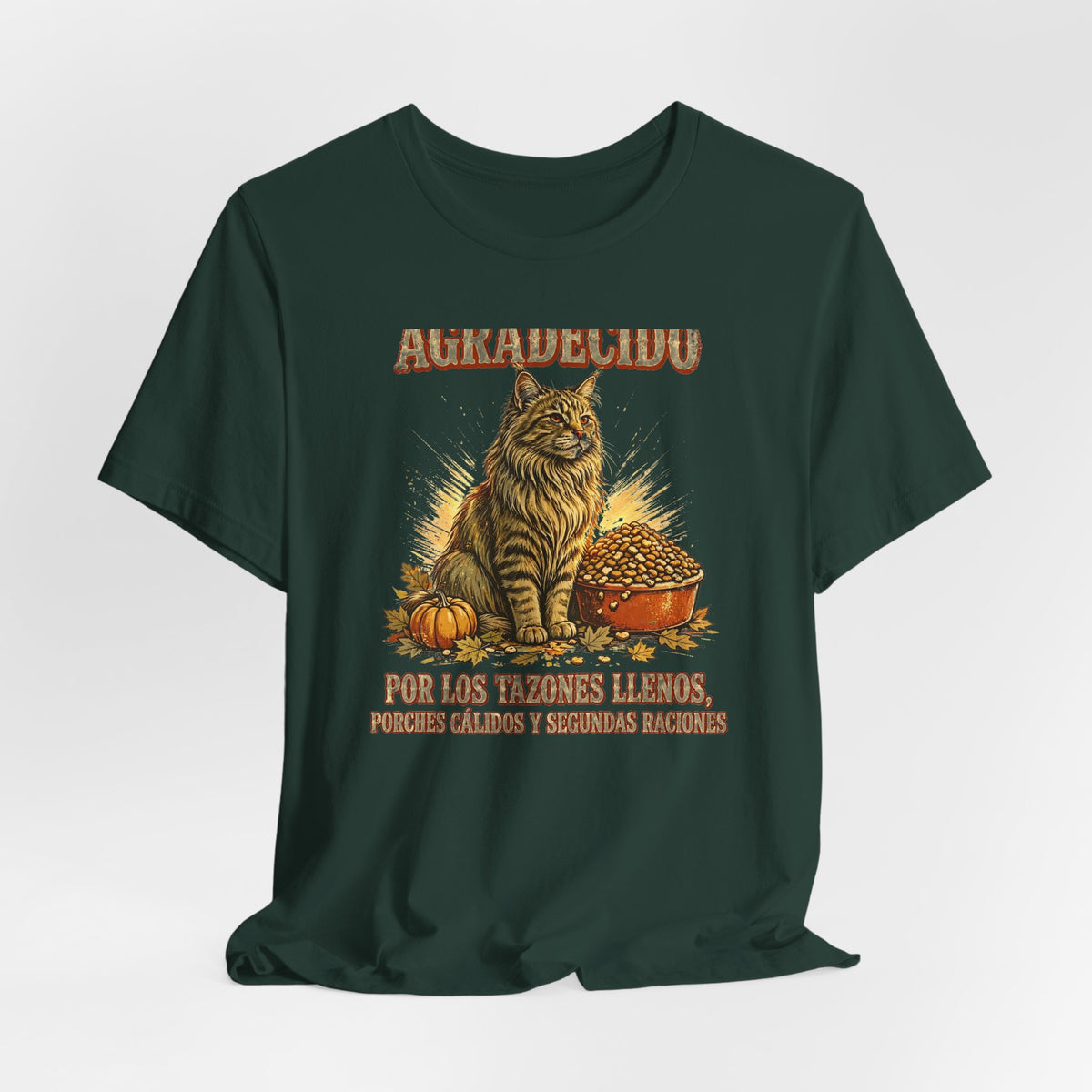 Gato Agradecido - Camiseta de Accion de Gracias en Espanol - Por Los Tazones Llenos