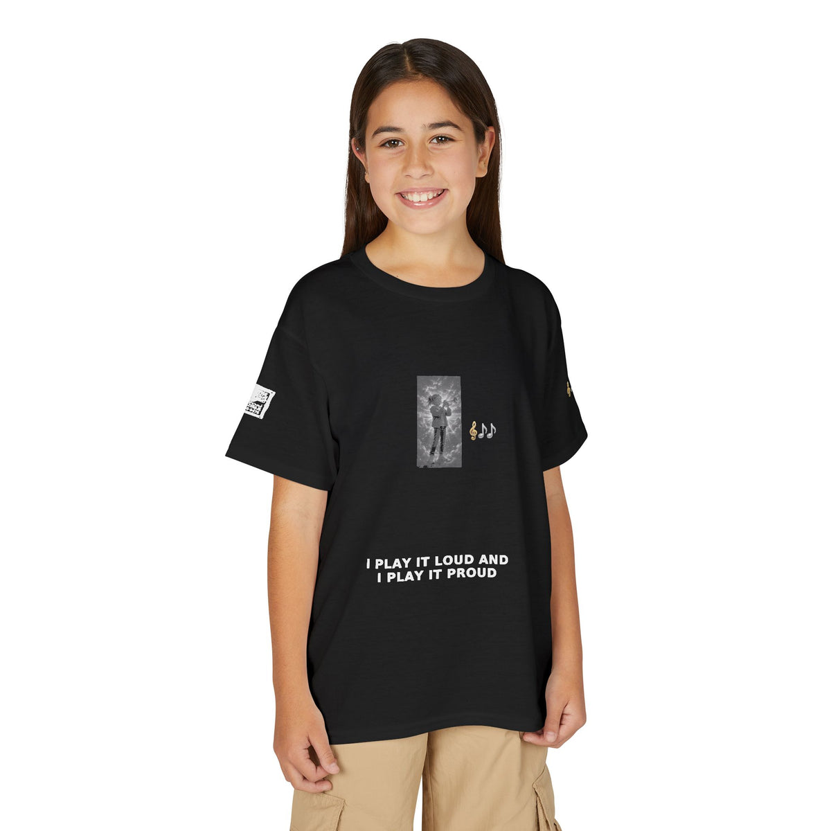 I Play It Loud and I Play It Proud — Girl Trumpet Pre-Teen Musician Tee (White Ink) (Budget Edition)