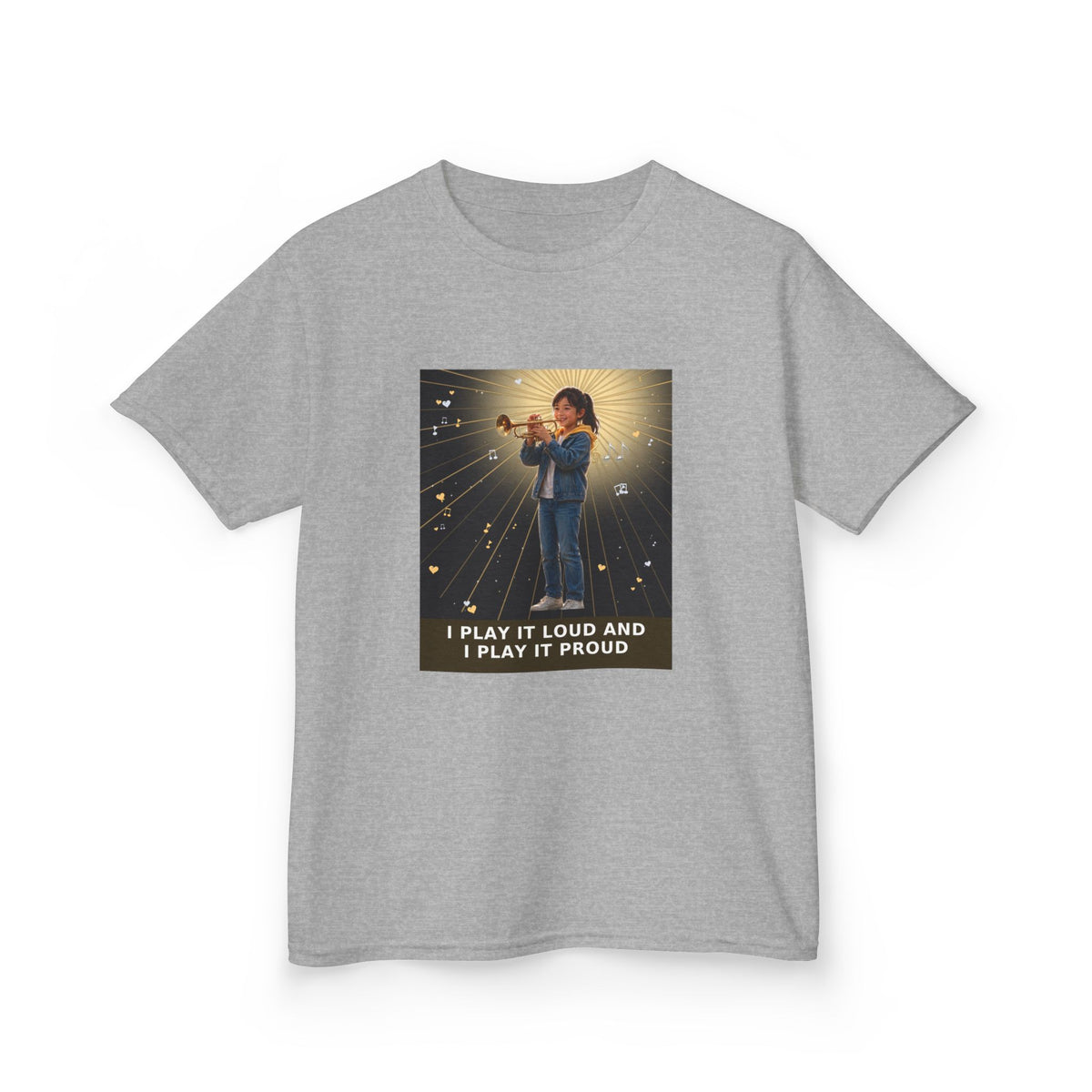 I Play It Loud and I Play It Proud — Asian Girl Trumpet Pre-Teen Musician Tee (Budget Edition) (Front Print)