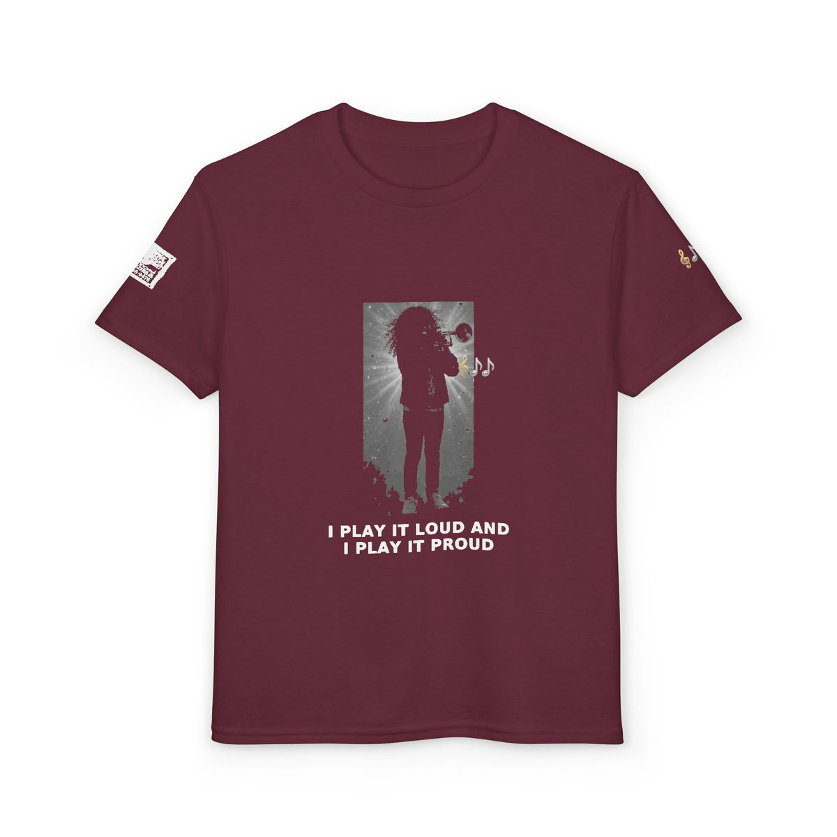I Play It Loud and I Play It Proud — Latina Girl Trumpet Pre-Teen Musician Tee (White Ink)