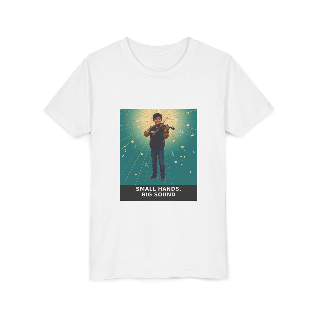 Small Hands, Big Sound — Asian Boy Violin Pre-Teen Musician Tee (Teal) (Front Print)