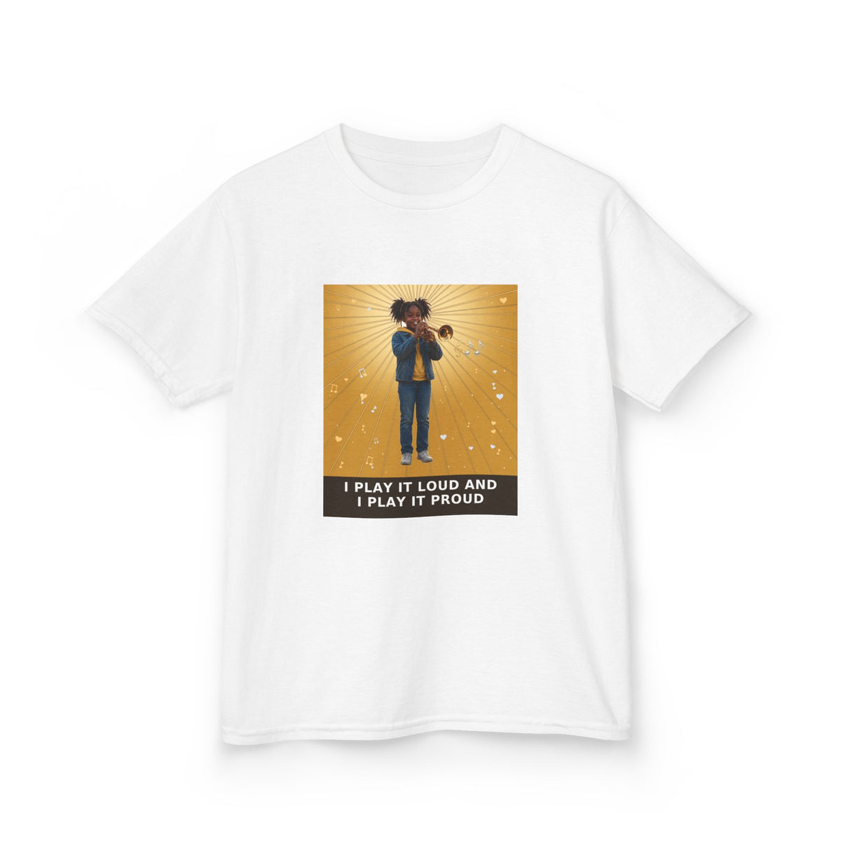 I Play It Loud and I Play It Proud — Black Girl Trumpet Pre-Teen Musician Tee (Golden Amber) (Budget Edition) (Front Print)