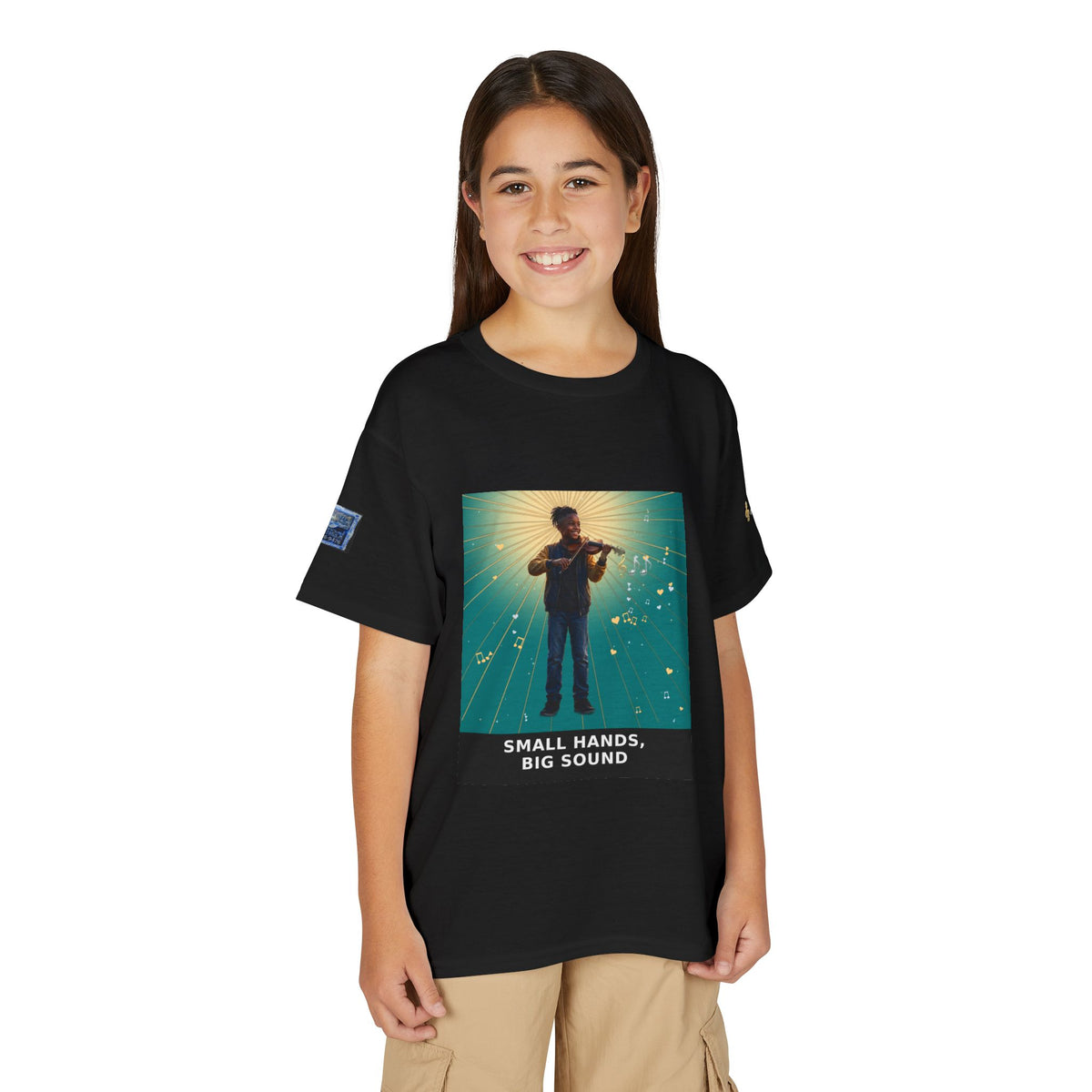 Small Hands, Big Sound — Black Boy Violin Pre-Teen Musician Tee (Teal)