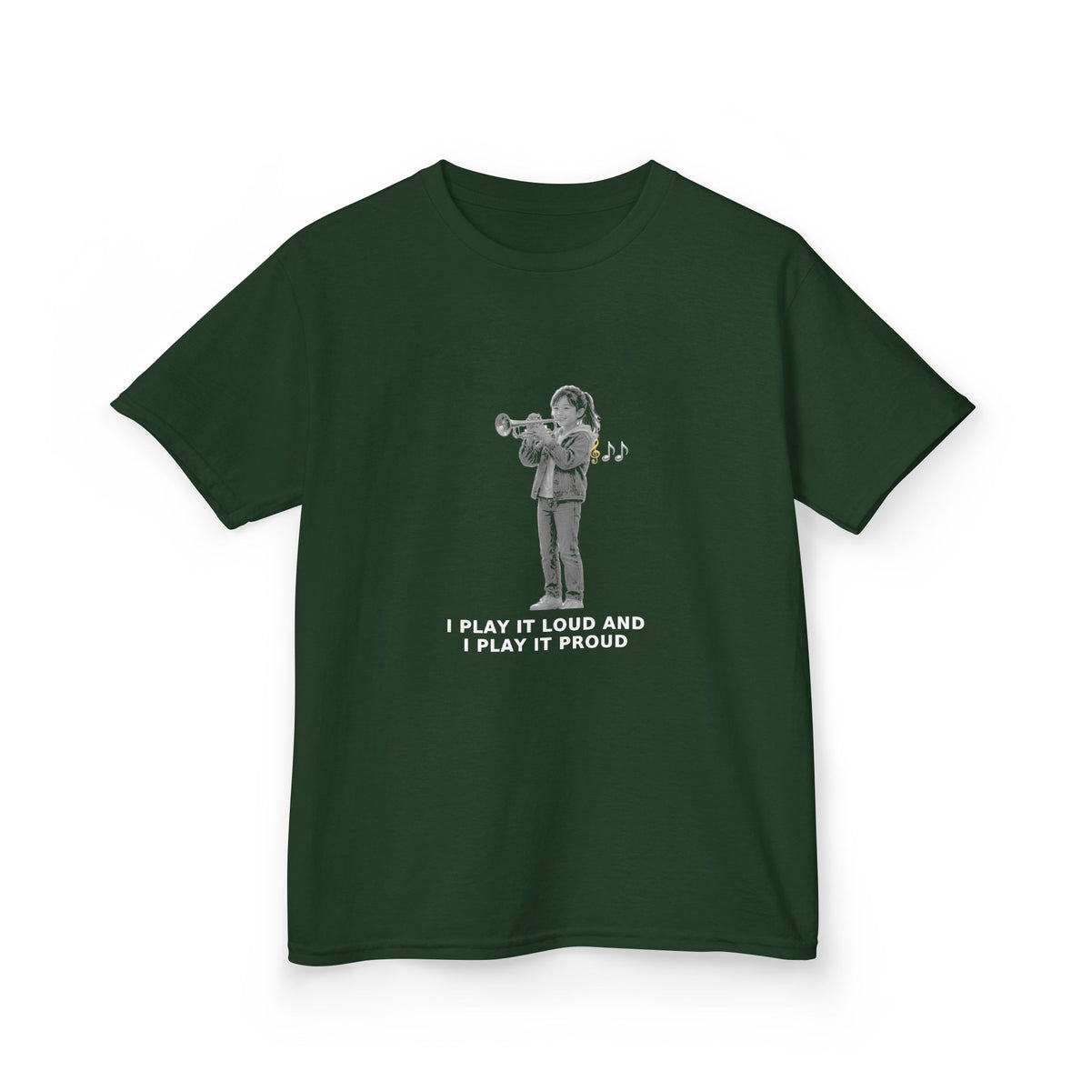I Play It Loud and I Play It Proud — Asian Girl Trumpet Pre-Teen Musician Tee (White Ink) (Budget Edition) (Front Print)