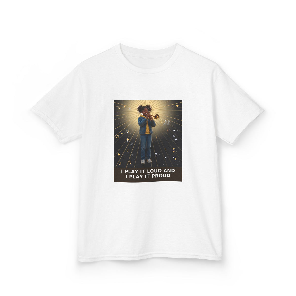 I Play It Loud and I Play It Proud — Black Girl Trumpet Pre-Teen Musician Tee (Budget Edition) (Front Print)