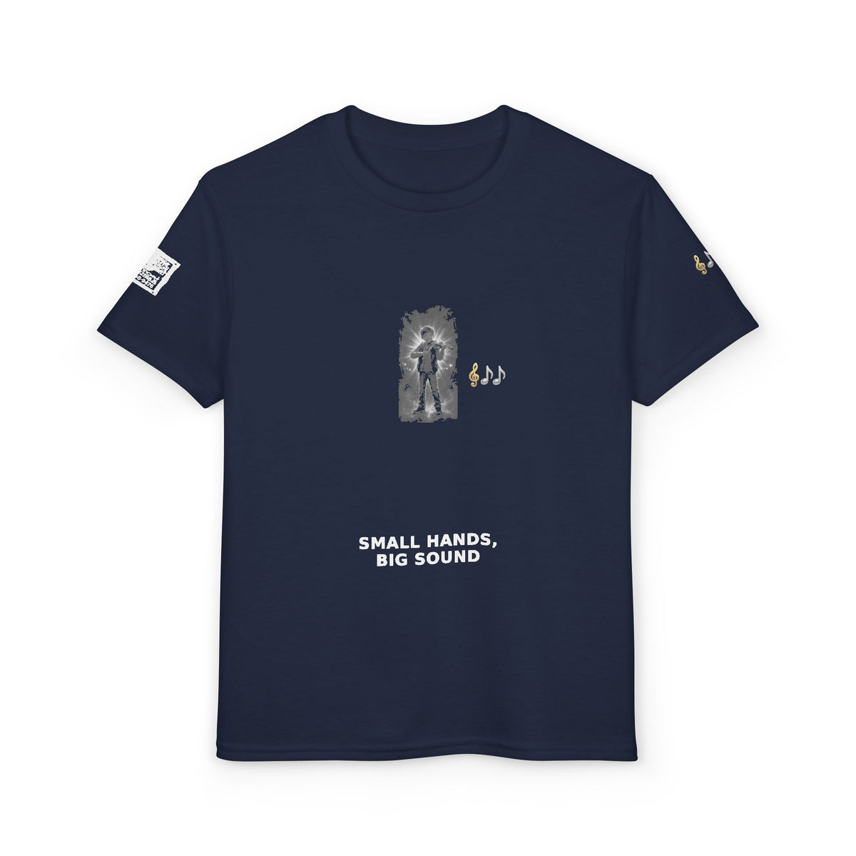 Small Hands, Big Sound — Boy Violin Pre-Teen Musician Tee (White Ink)