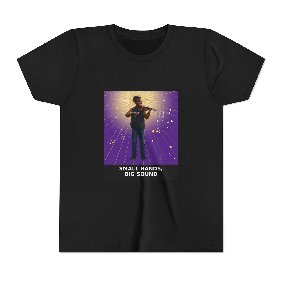 Small Hands, Big Sound — Black Boy Violin Pre-Teen Musician Tee (Royal Purple) (Front Print)