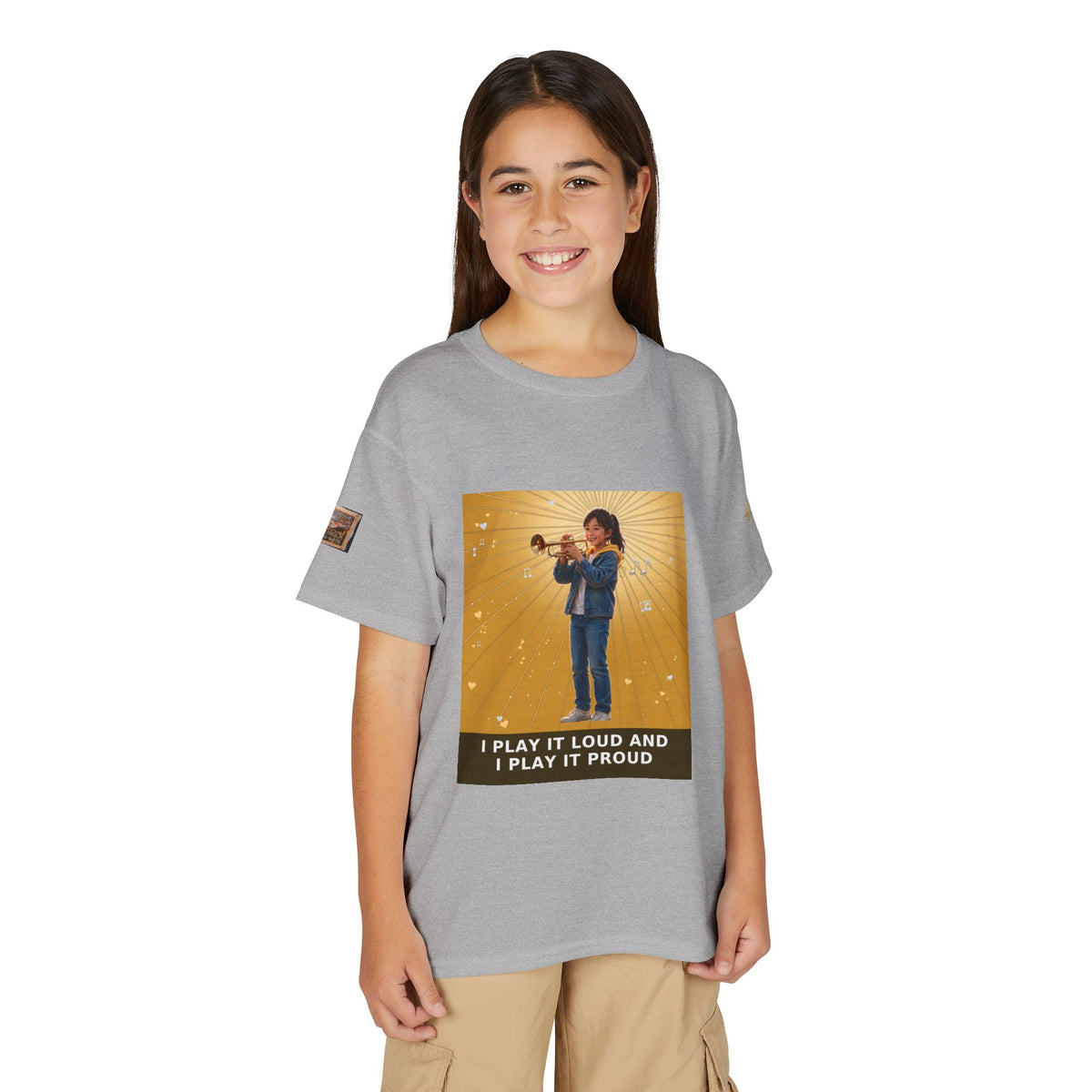 I Play It Loud and I Play It Proud — Asian Girl Trumpet Pre-Teen Musician Tee (Golden Amber)