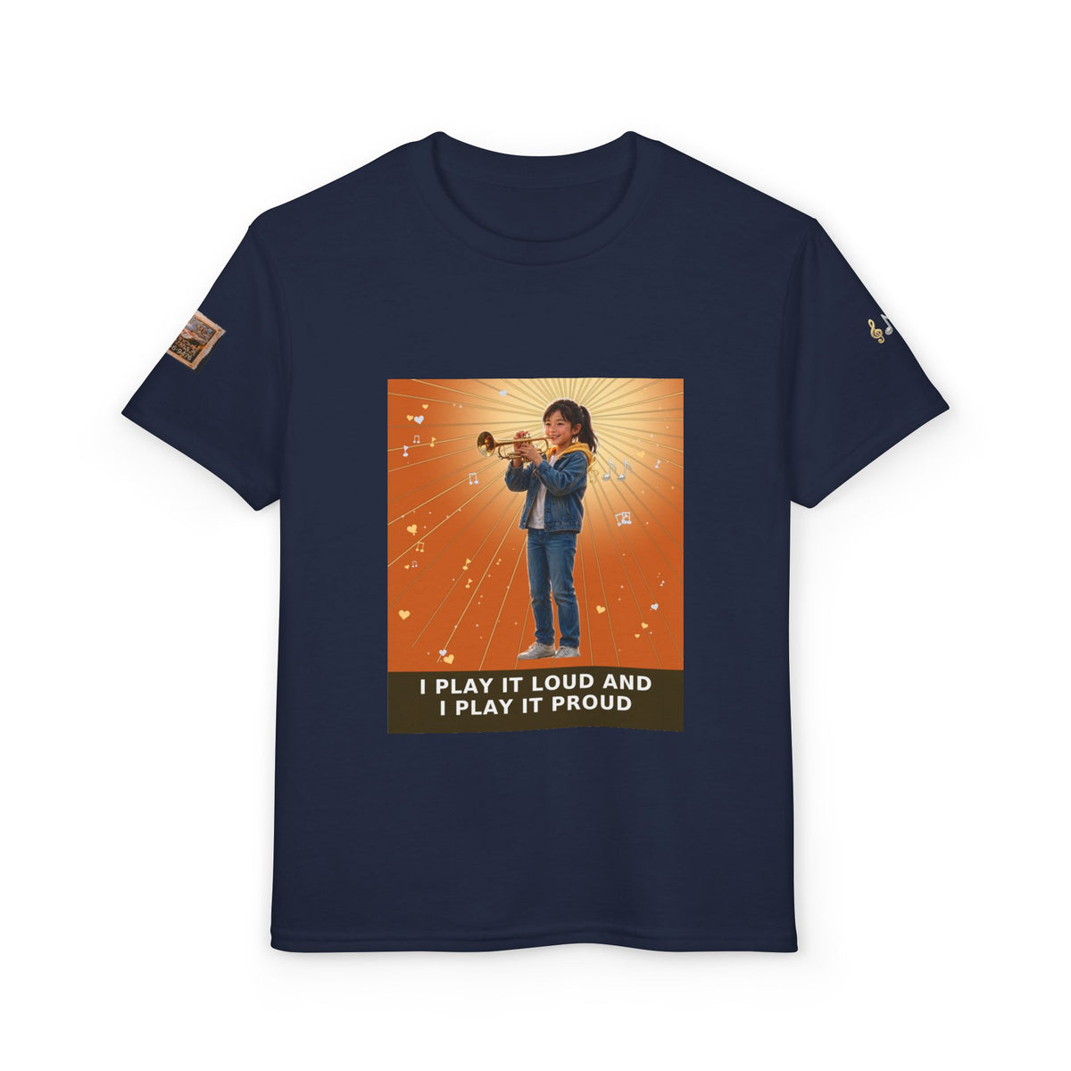 I Play It Loud and I Play It Proud — Asian Girl Trumpet Pre-Teen Musician Tee (Sunset Orange)