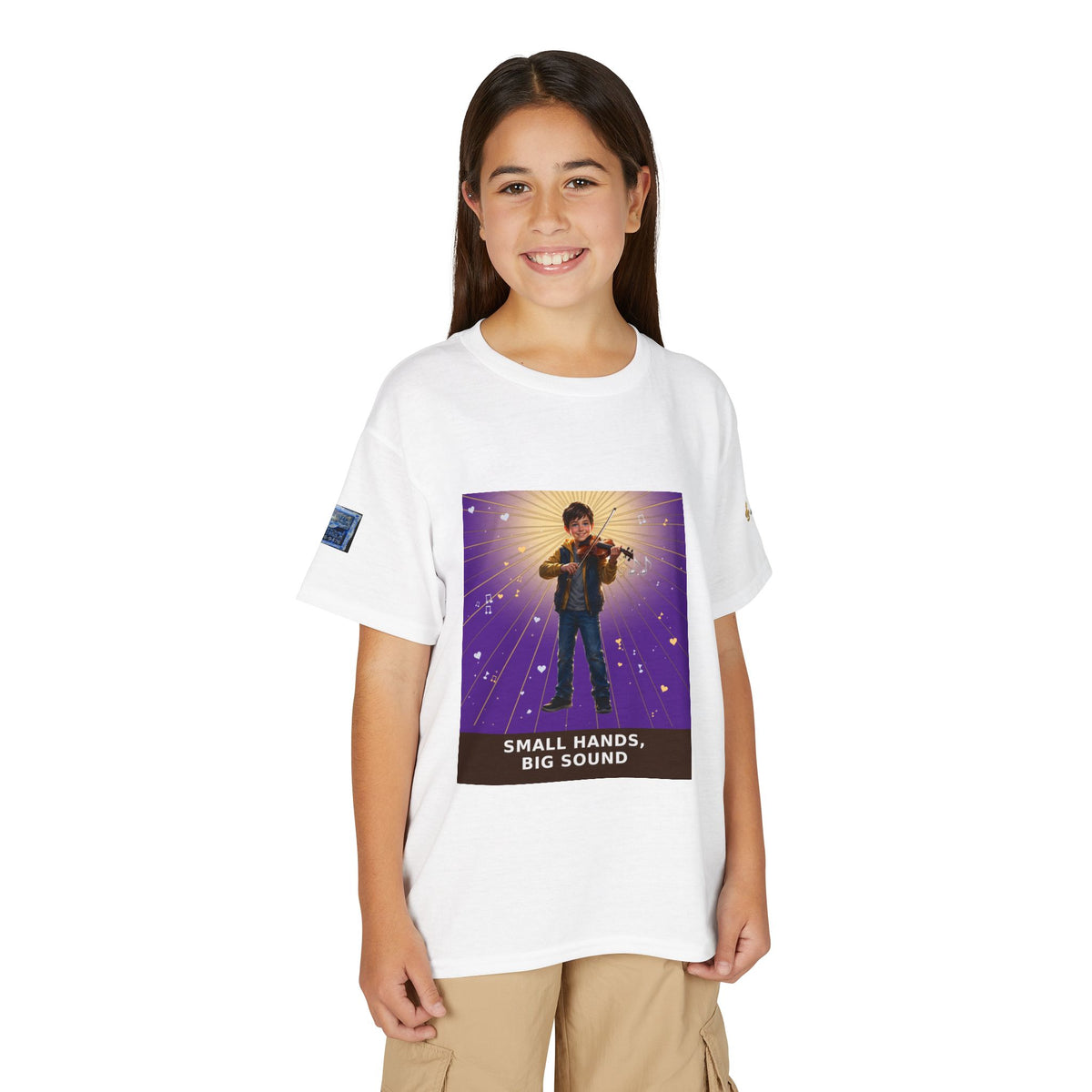 Small Hands, Big Sound — Boy Violin Pre-Teen Musician Tee (Royal Purple)