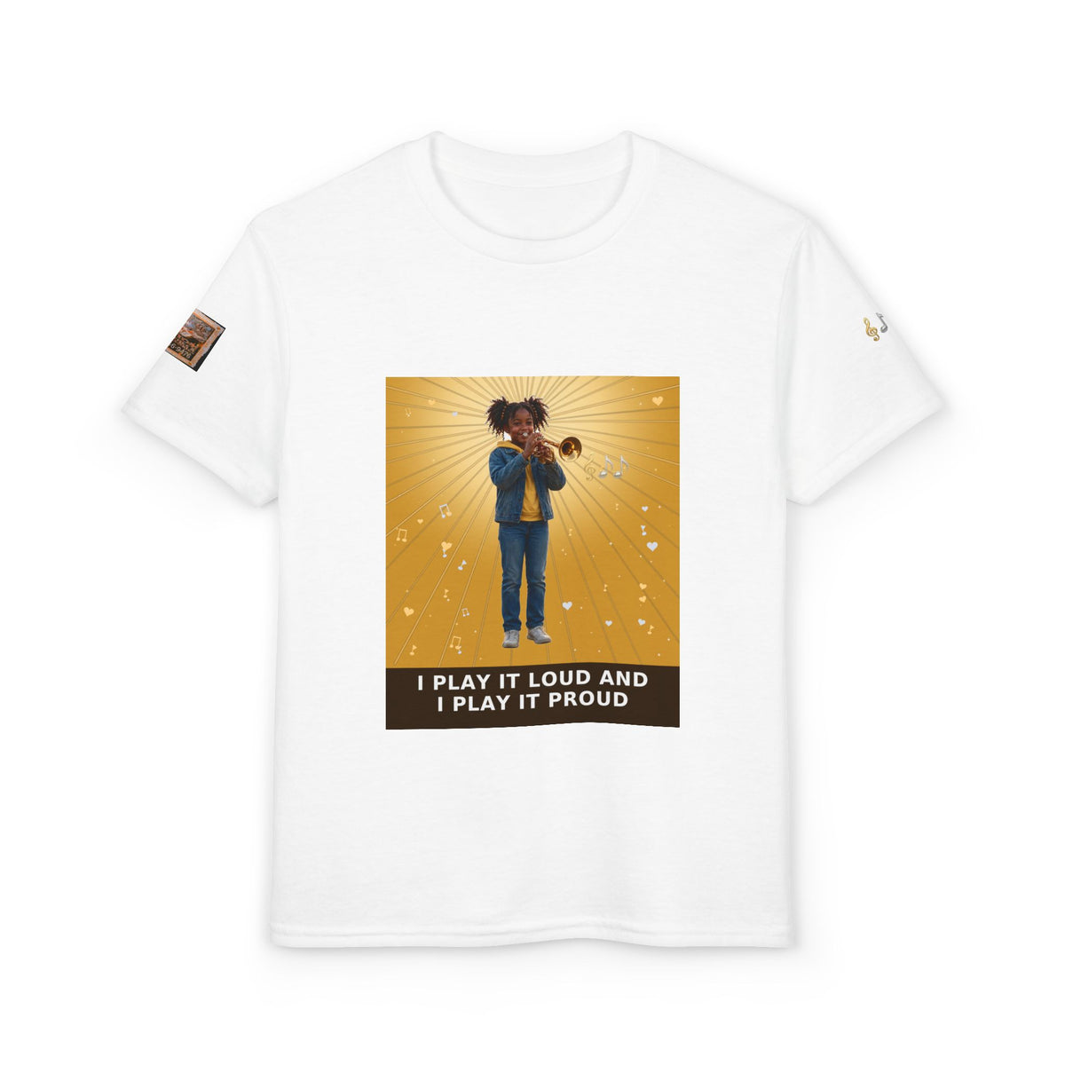 I Play It Loud and I Play It Proud — Black Girl Trumpet Pre-Teen Musician Tee (Golden Amber)