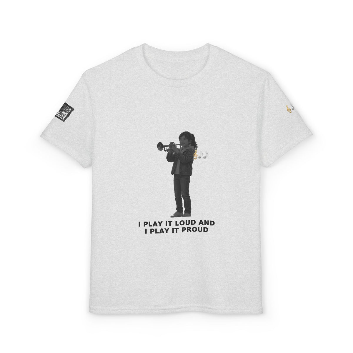 I Play It Loud and I Play It Proud — Asian Girl Trumpet Pre-Teen Musician Tee (Black Ink) (Budget Edition)
