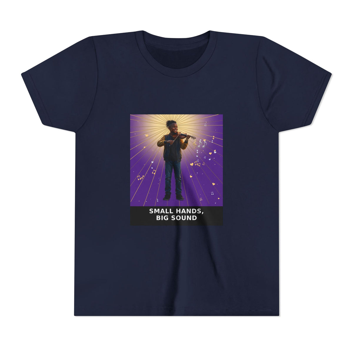 Small Hands, Big Sound — Black Boy Violin Pre-Teen Musician Tee (Royal Purple) (Front Print)