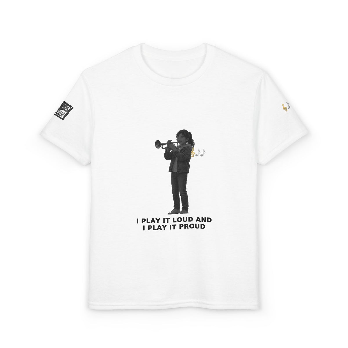 I Play It Loud and I Play It Proud — Asian Girl Trumpet Pre-Teen Musician Tee (Black Ink) (Budget Edition)