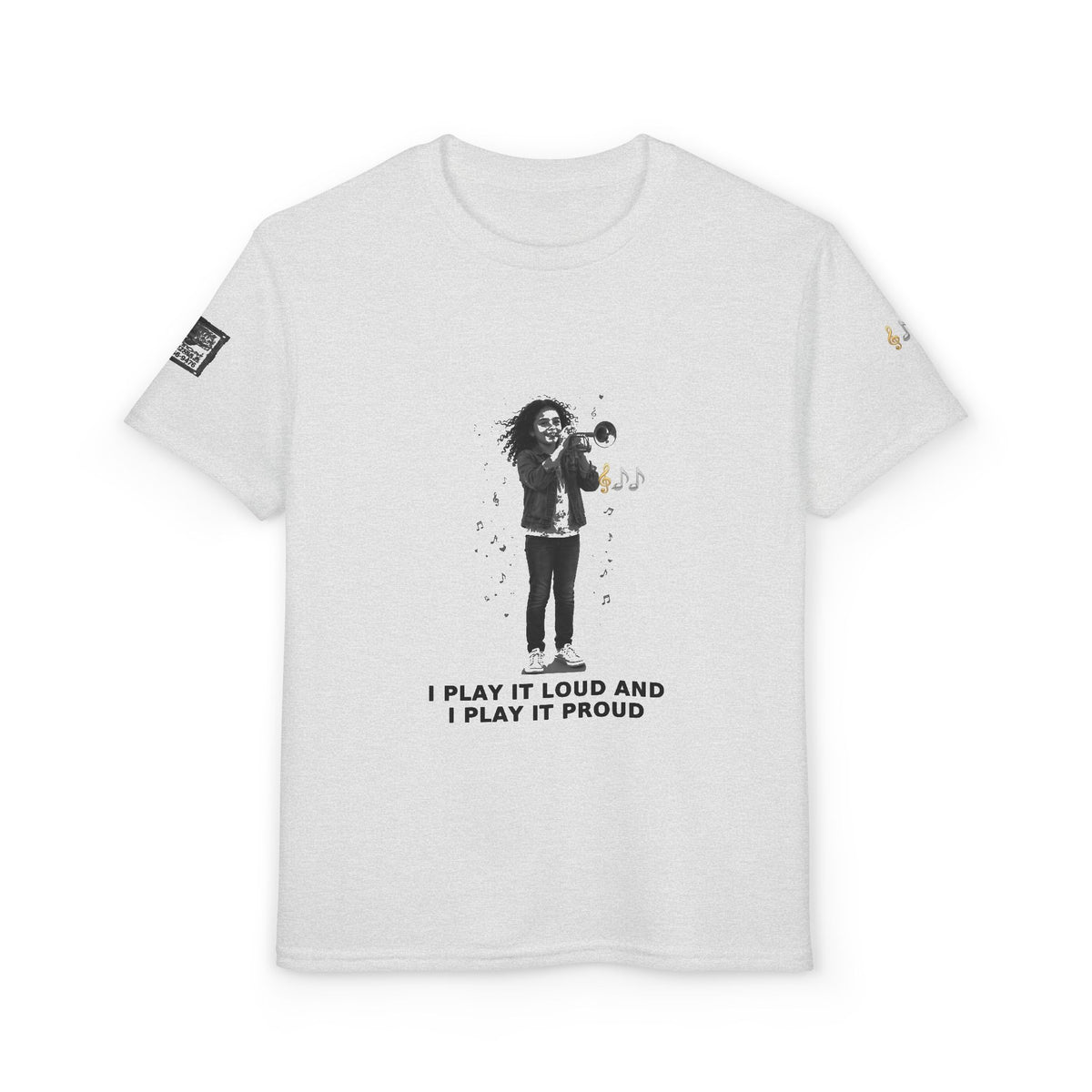 I Play It Loud and I Play It Proud — Latina Girl Trumpet Pre-Teen Musician Tee (Black Ink)
