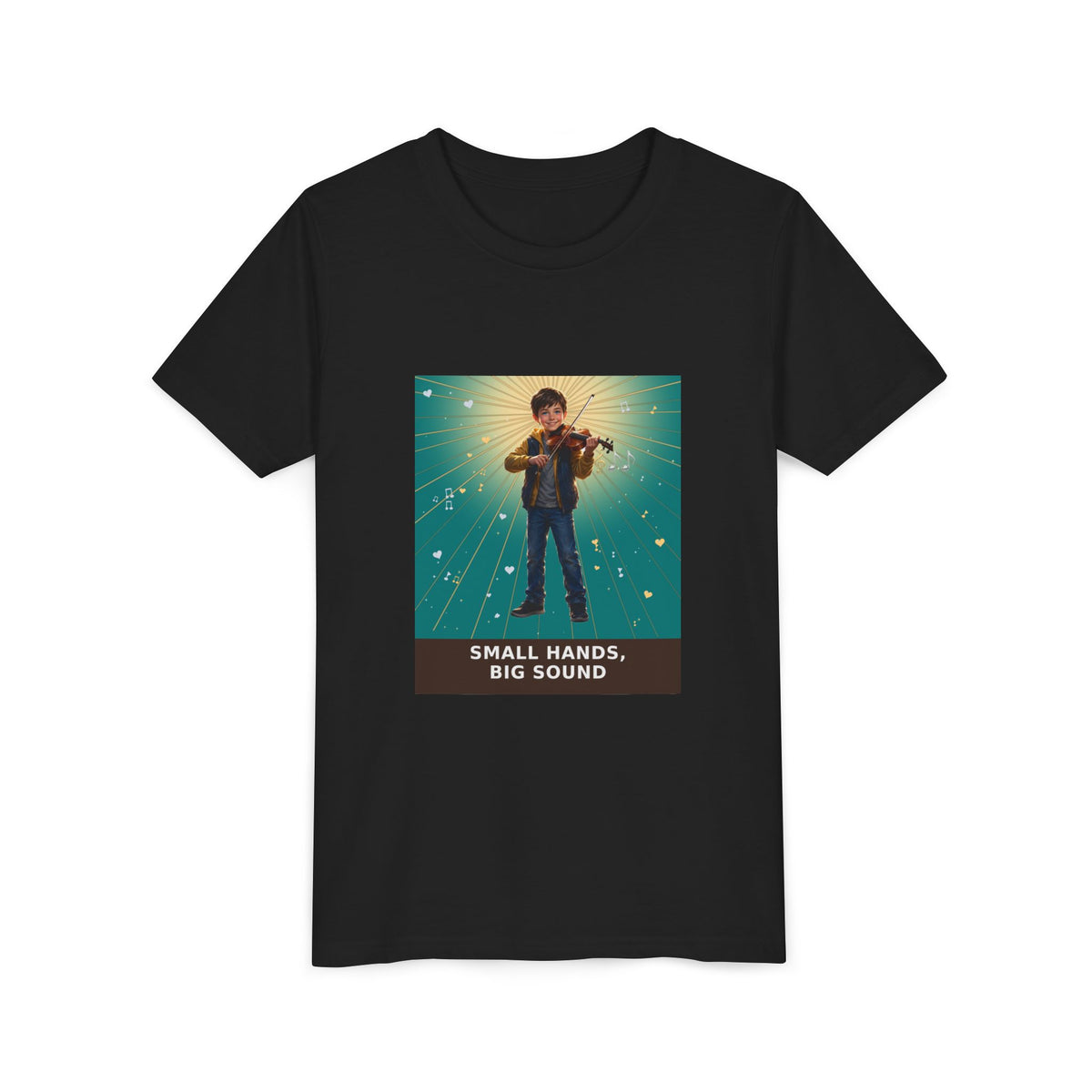 Small Hands, Big Sound — Boy Violin Pre-Teen Musician Tee (Teal) (Front Print)