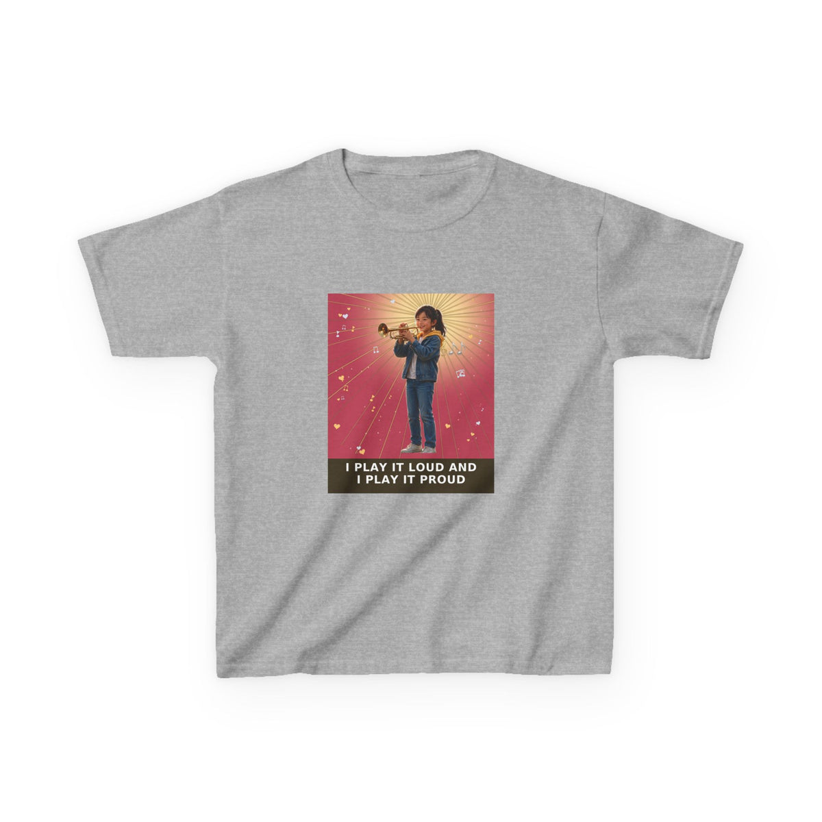 I Play It Loud and I Play It Proud — Asian Girl Trumpet Pre-Teen Musician Tee (Rose) (Budget Edition) (Front Print)