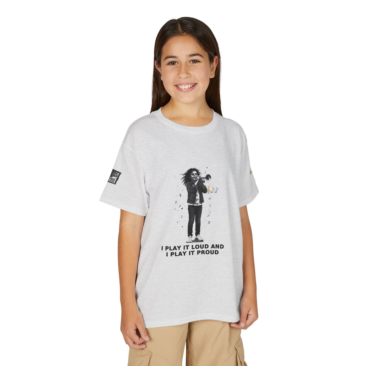 I Play It Loud and I Play It Proud — Latina Girl Trumpet Pre-Teen Musician Tee (Black Ink)