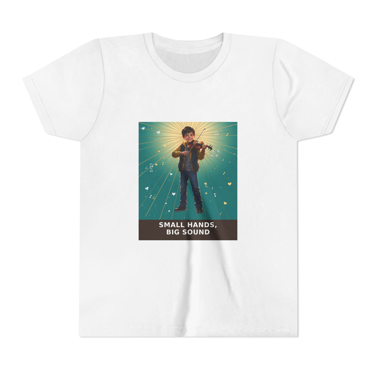 Small Hands, Big Sound — Boy Violin Pre-Teen Musician Tee (Teal) (Front Print)