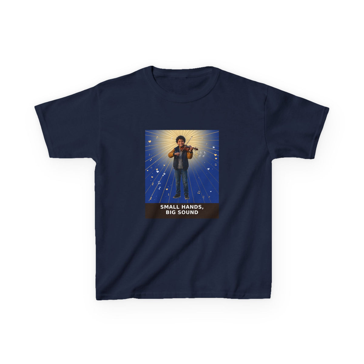 Small Hands, Big Sound — Latino Boy Violin Pre-Teen Musician Tee (Deep Blue) (Budget Edition) (Front Print)