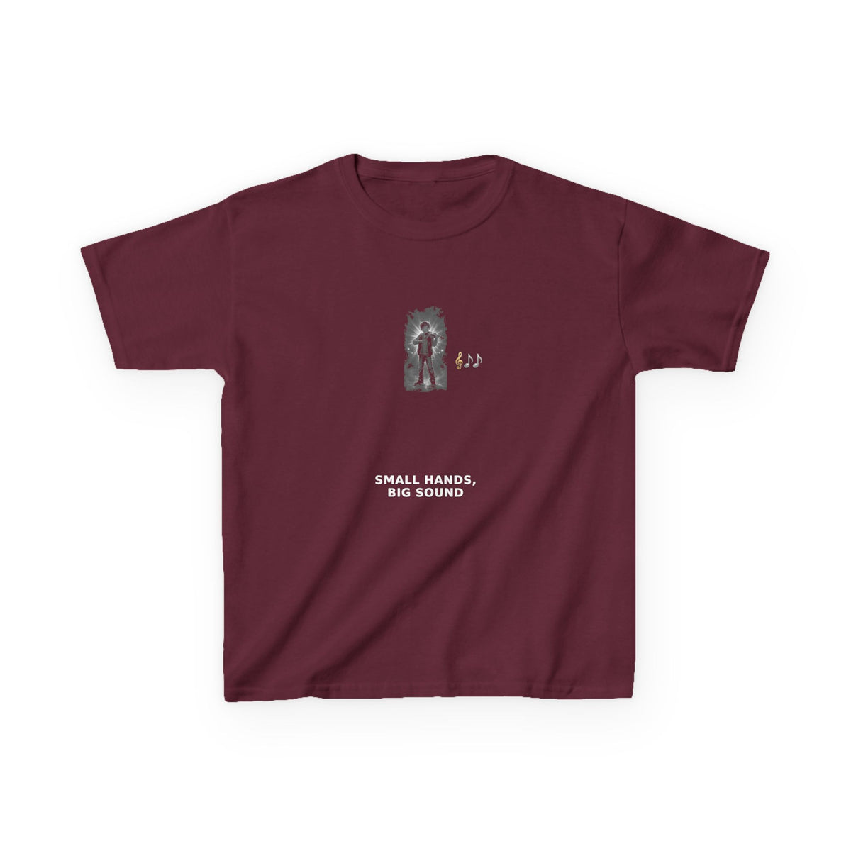 Small Hands, Big Sound — Boy Violin Pre-Teen Musician Tee (White Ink) (Budget Edition) (Front Print)