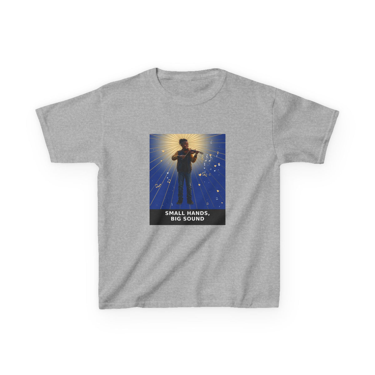 Small Hands, Big Sound — Black Boy Violin Pre-Teen Musician Tee (Deep Blue) (Budget Edition) (Front Print)