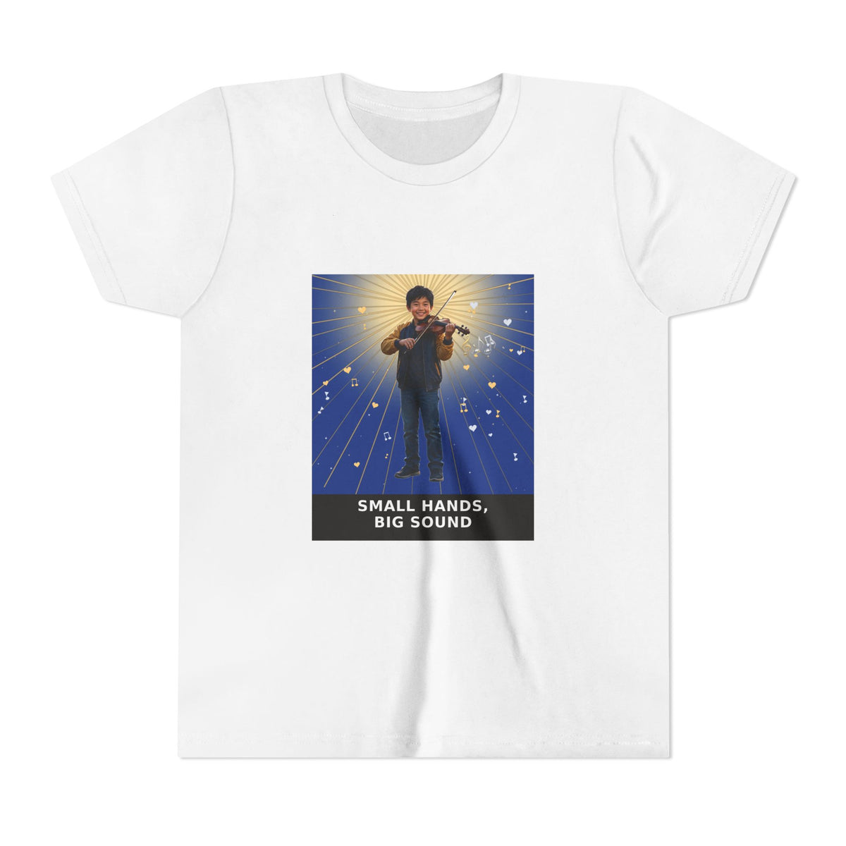 Small Hands, Big Sound — Asian Boy Violin Pre-Teen Musician Tee (Deep Blue) (Front Print)