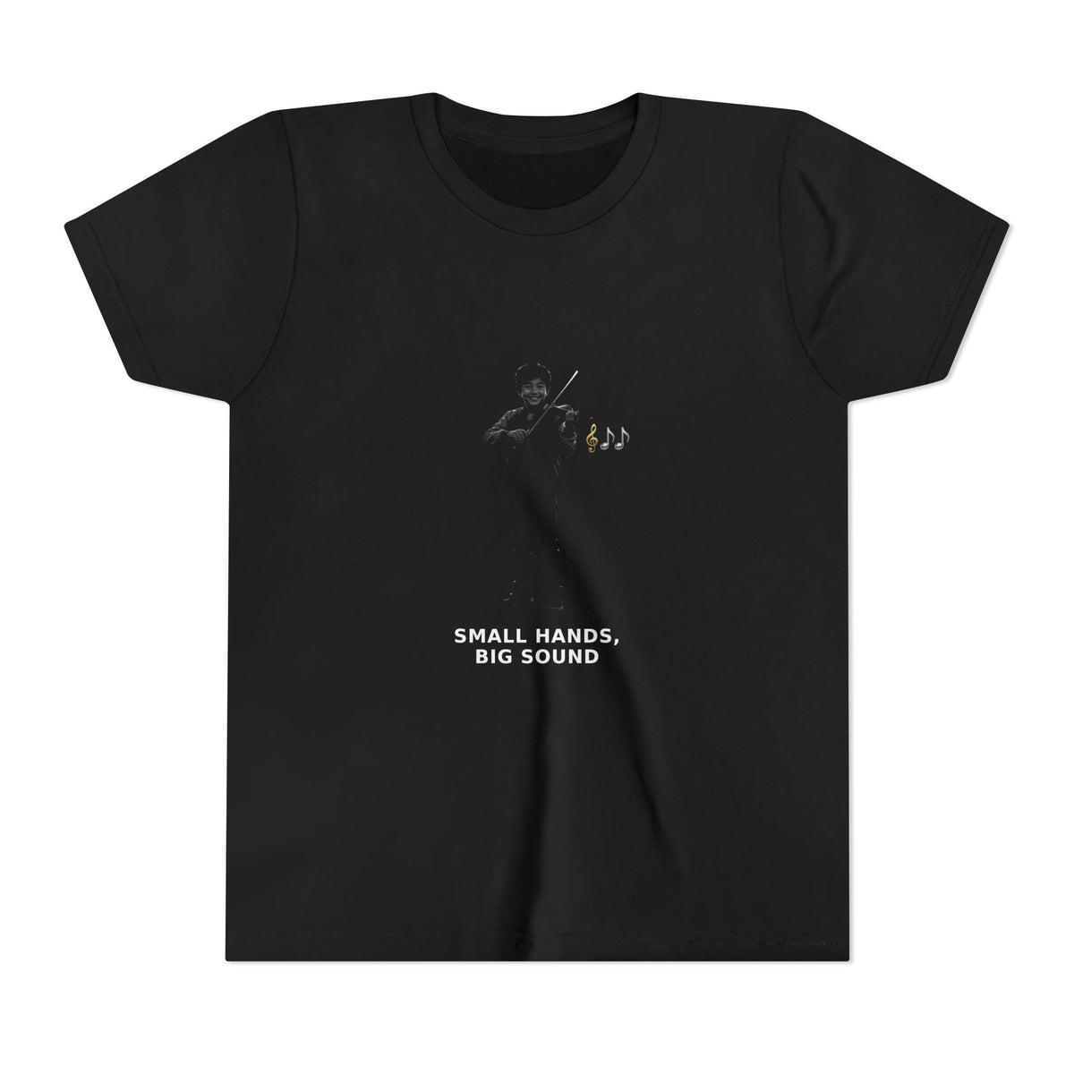Small Hands, Big Sound — Asian Boy Violin Pre-Teen Musician Tee (White Ink) (Front Print)