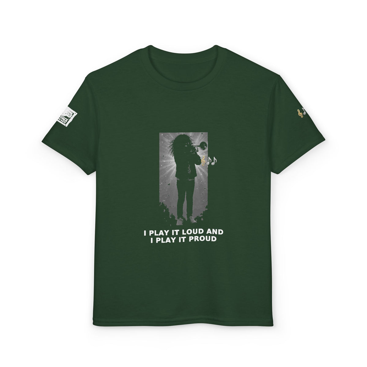 I Play It Loud and I Play It Proud — Latina Girl Trumpet Pre-Teen Musician Tee (White Ink)