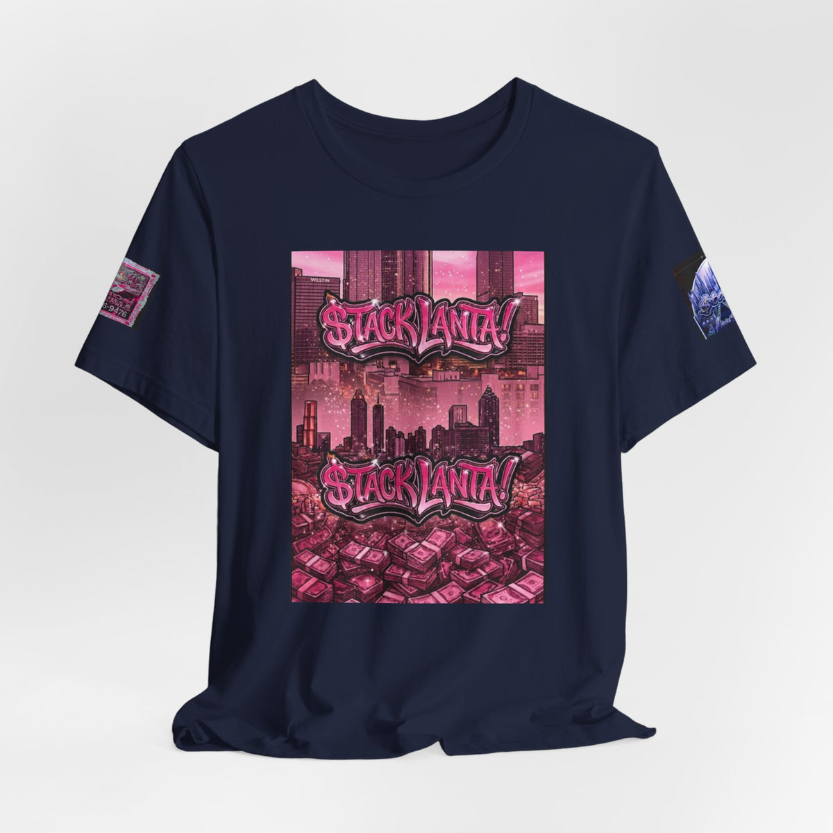 $tacklanta T-Shirt - Pink Atlanta Skyline Money Stacks Graffiti, Blue Arch Sleeve Edition
