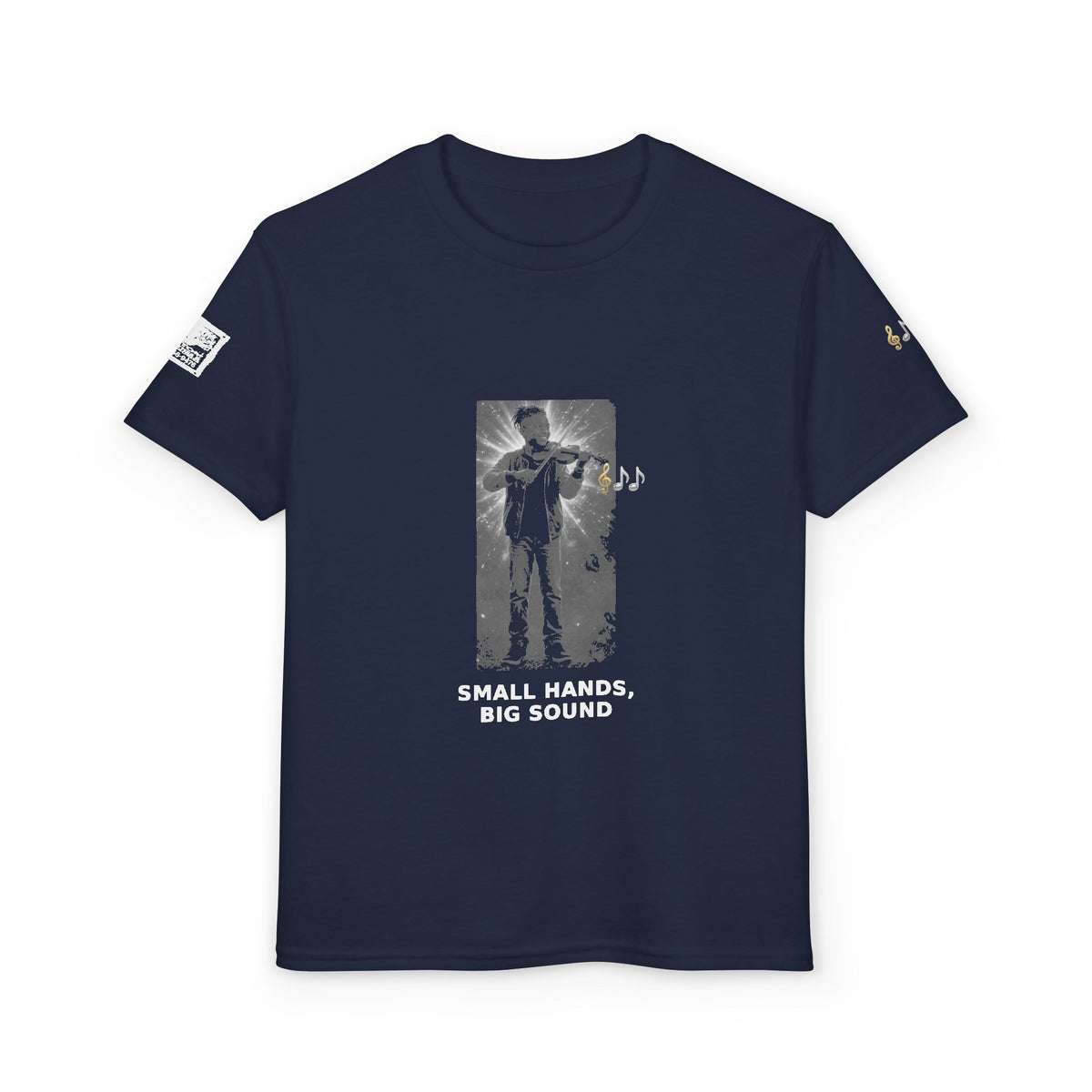 Small Hands, Big Sound — Black Boy Violin Pre-Teen Musician Tee (White Ink)