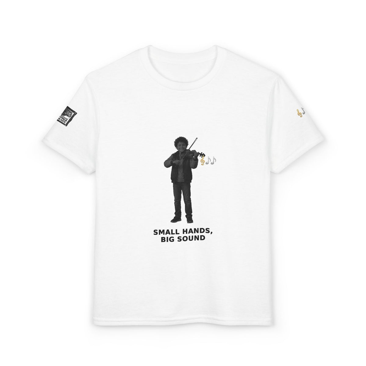 Small Hands, Big Sound — Latino Boy Violin Pre-Teen Musician Tee (Black Ink) (Budget Edition)