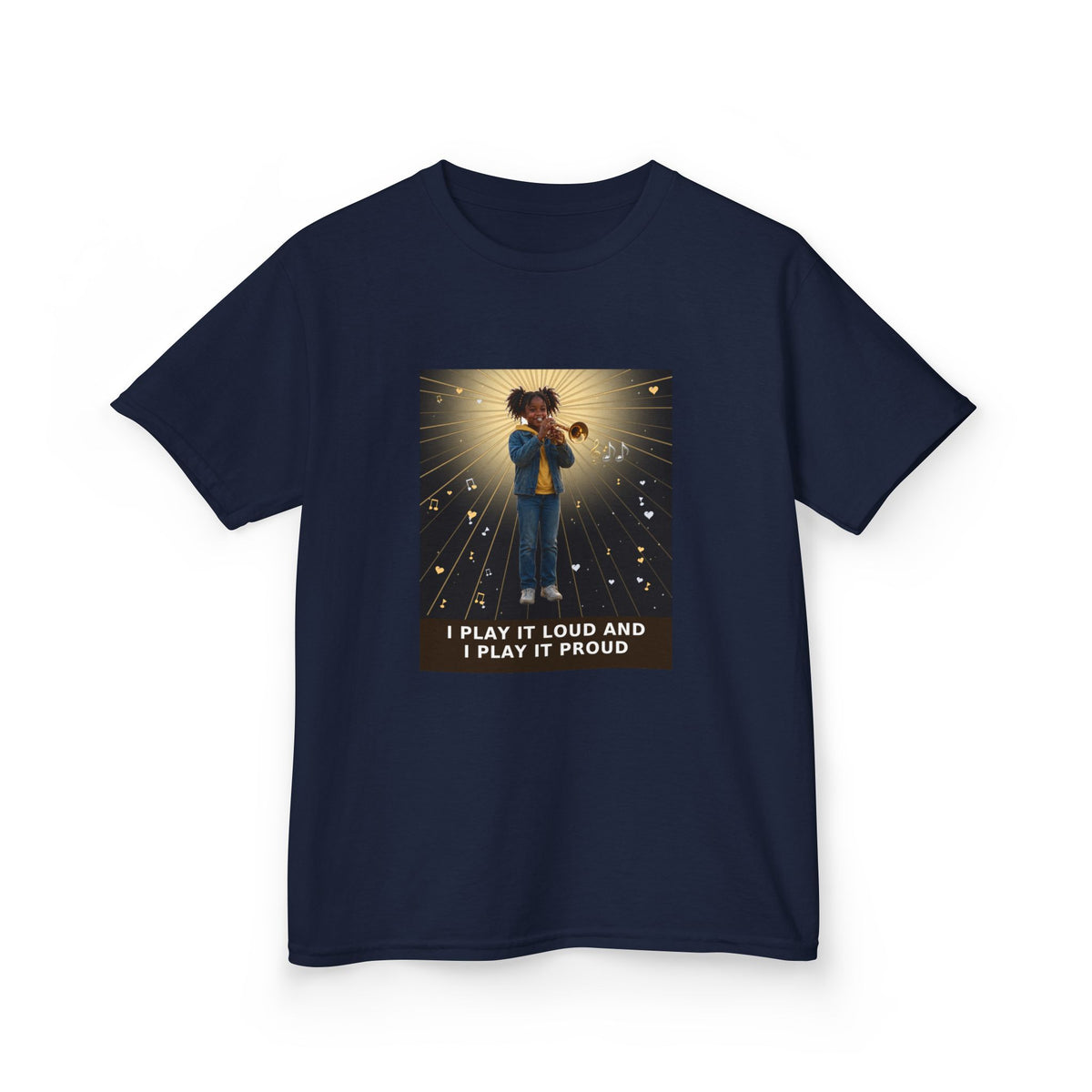 I Play It Loud and I Play It Proud — Black Girl Trumpet Pre-Teen Musician Tee (Budget Edition) (Front Print)