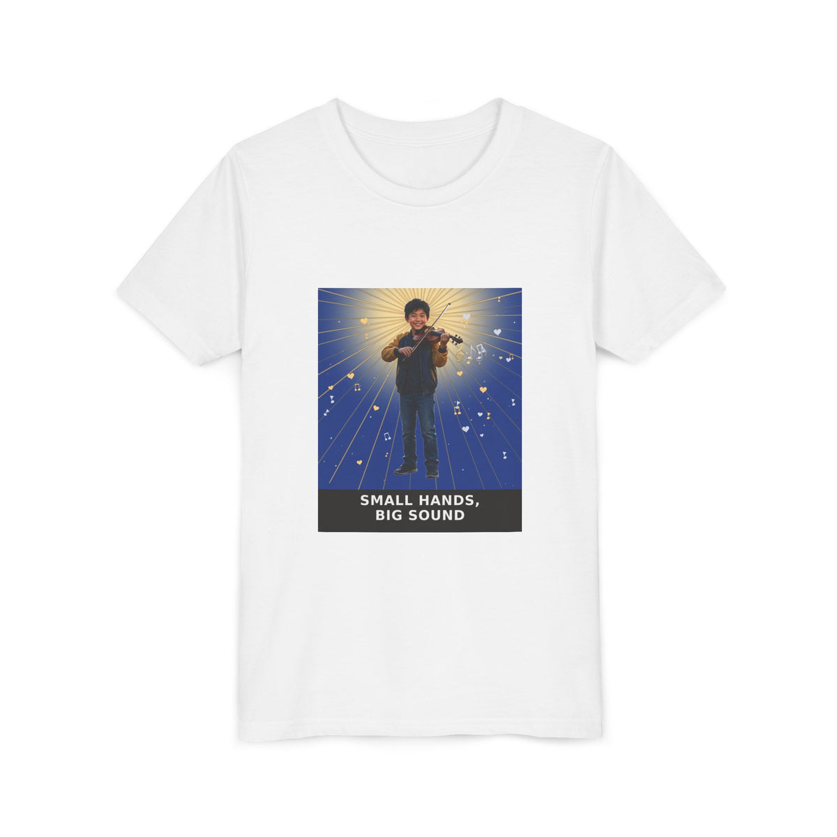 Small Hands, Big Sound — Asian Boy Violin Pre-Teen Musician Tee (Deep Blue) (Front Print)
