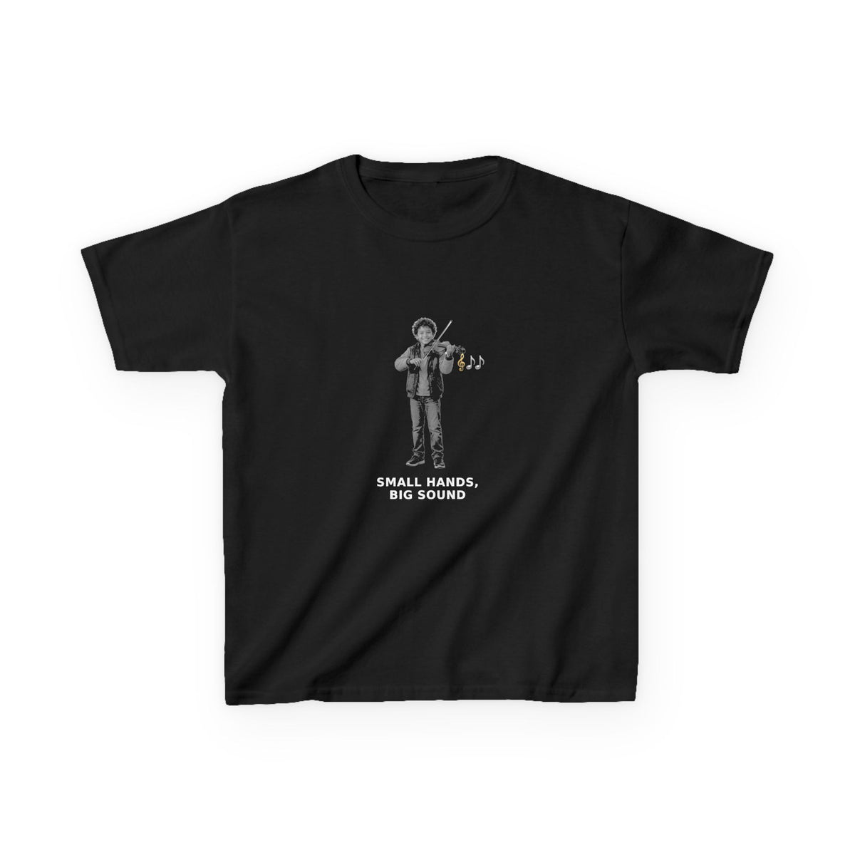 Small Hands, Big Sound — Latino Boy Violin Pre-Teen Musician Tee (White Ink) (Budget Edition) (Front Print)