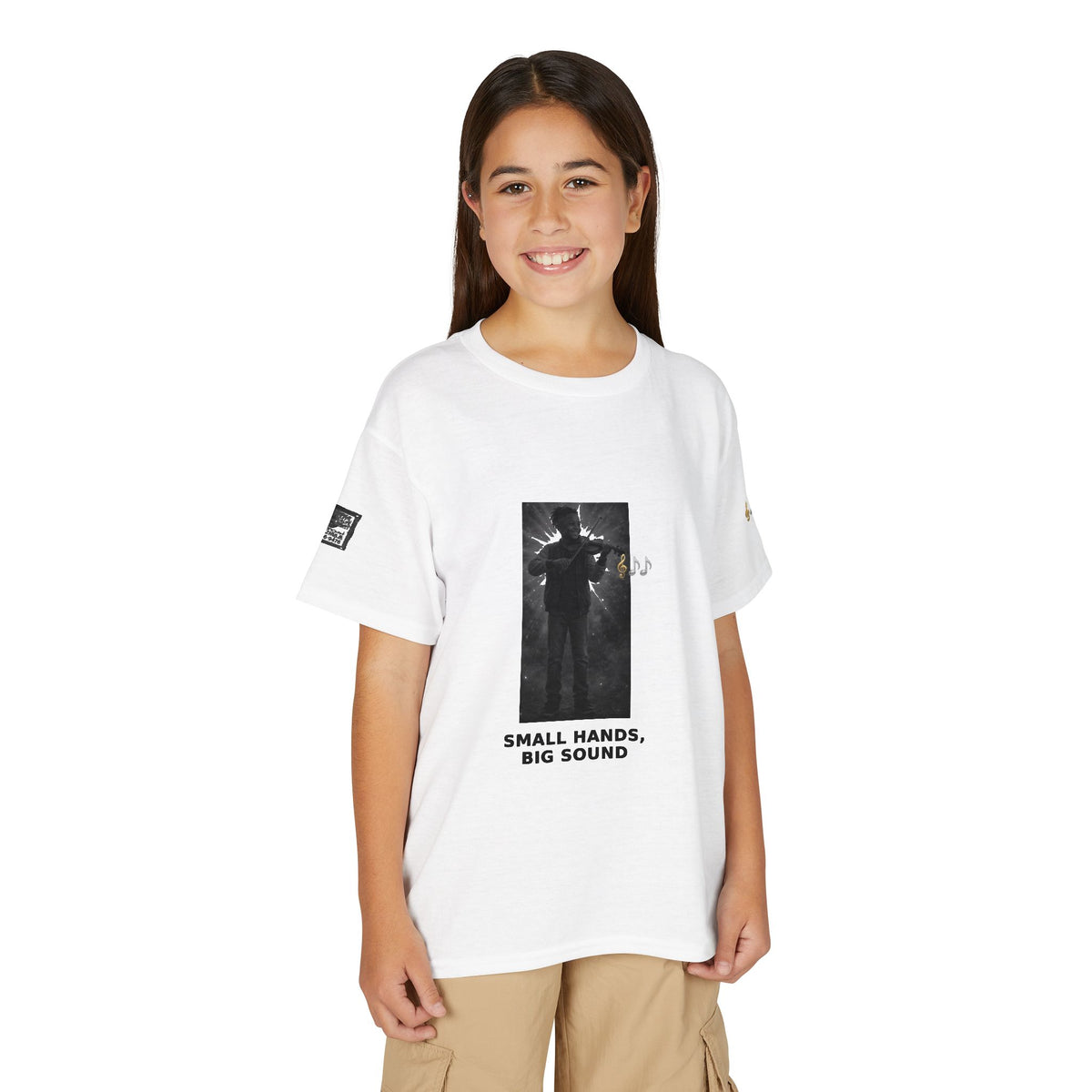 Small Hands, Big Sound — Black Boy Violin Pre-Teen Musician Tee (Black Ink)