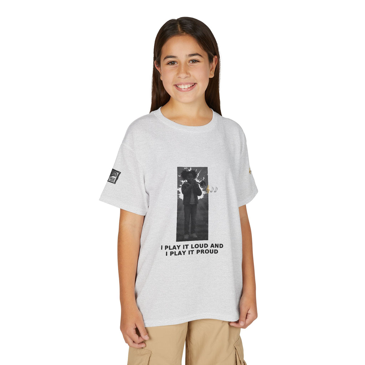 I Play It Loud and I Play It Proud — Black Girl Trumpet Pre-Teen Musician Tee (Black Ink)