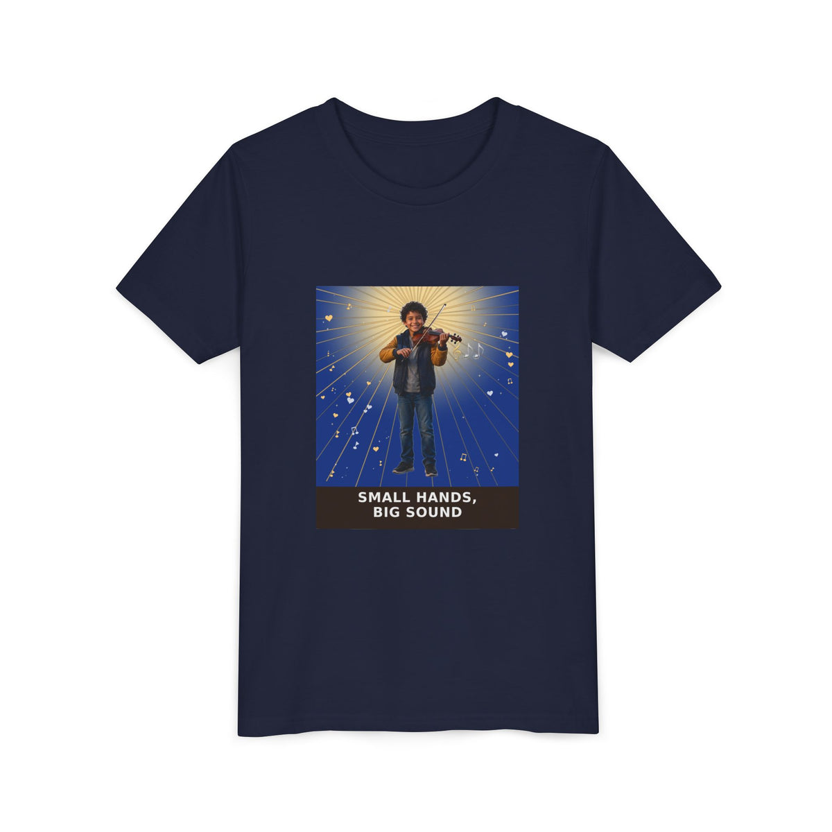 Small Hands, Big Sound — Latino Boy Violin Pre-Teen Musician Tee (Deep Blue) (Front Print)