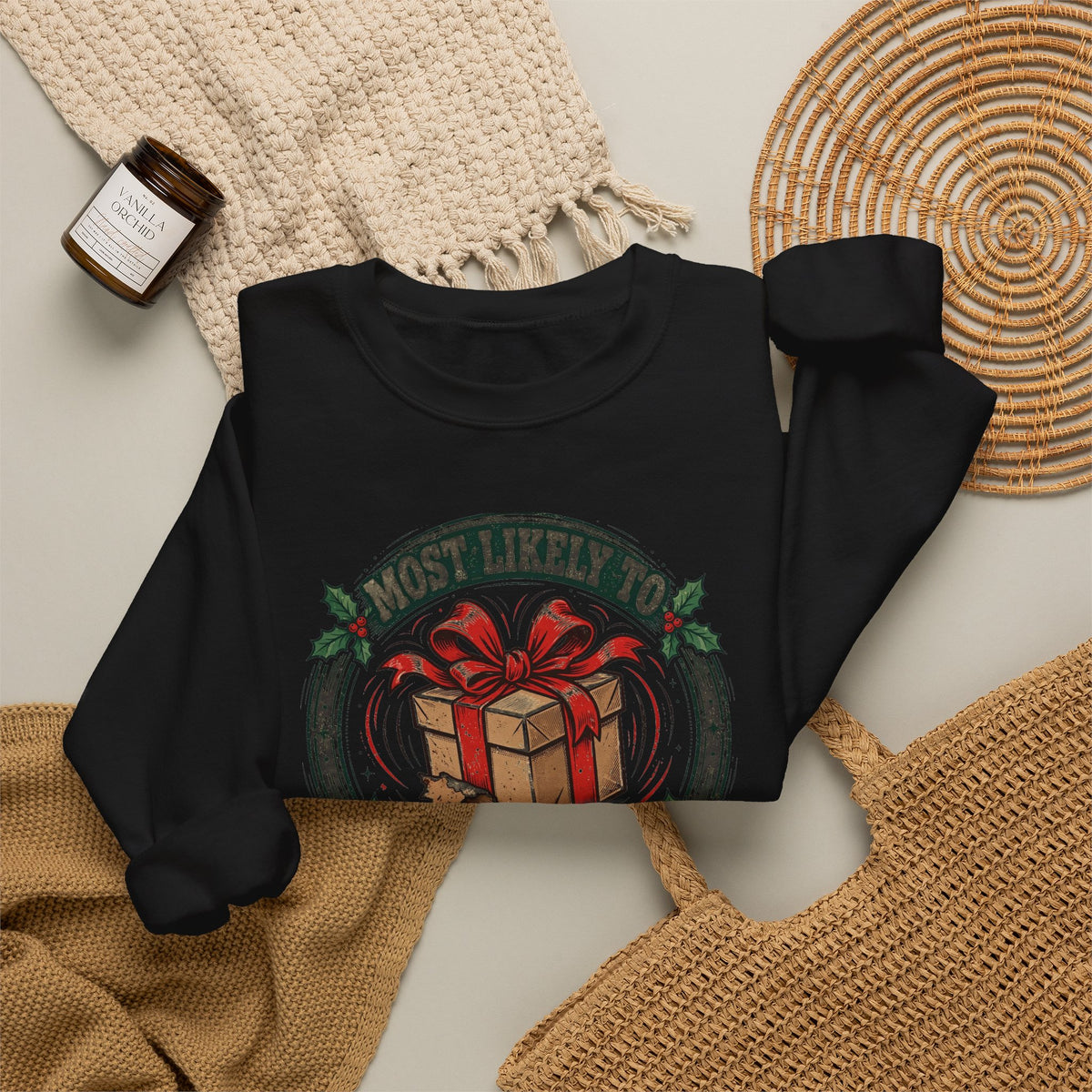 Most Likely To Shake The Presents Sweatshirt - Funny Christmas Crewneck - Family Christmas Shirt - Budget Edition