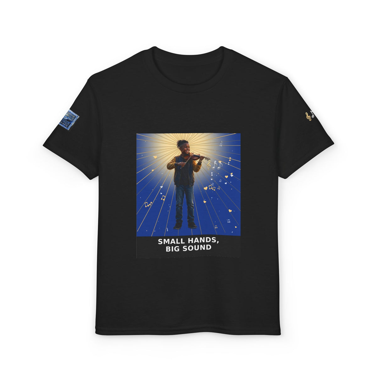 Small Hands, Big Sound — Black Boy Violin Pre-Teen Musician Tee (Deep Blue)