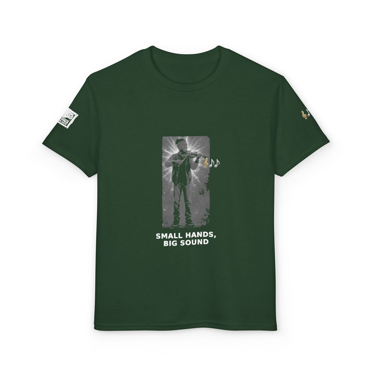 Small Hands, Big Sound — Black Boy Violin Pre-Teen Musician Tee (White Ink)