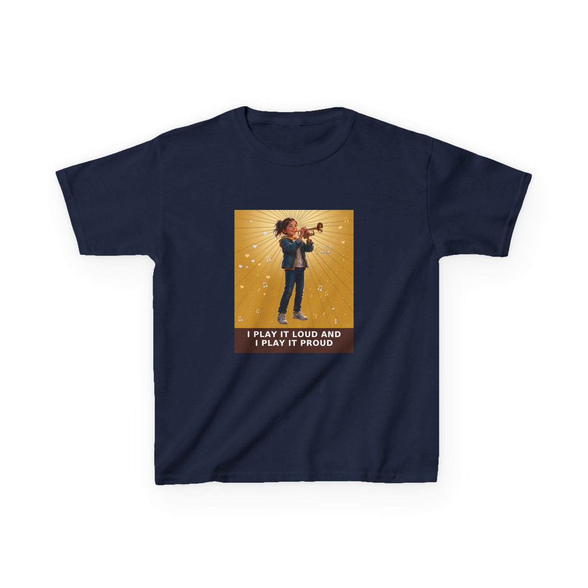 I Play It Loud and I Play It Proud — Girl Trumpet Pre-Teen Musician Tee (Golden Amber) (Budget Edition) (Front Print)