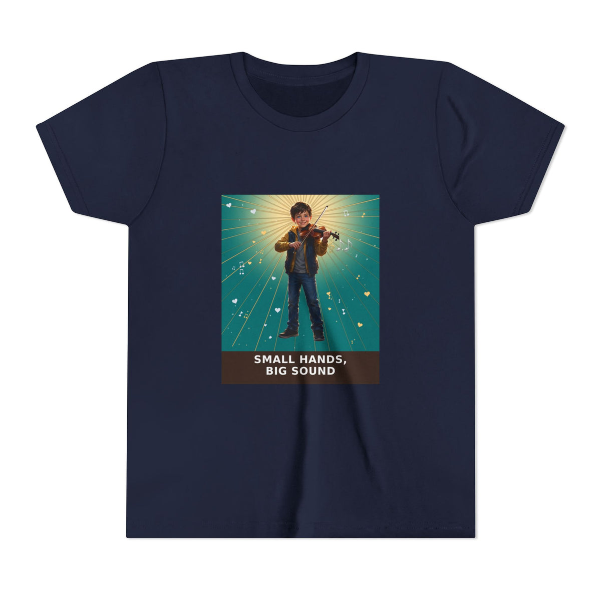Small Hands, Big Sound — Boy Violin Pre-Teen Musician Tee (Teal) (Front Print)