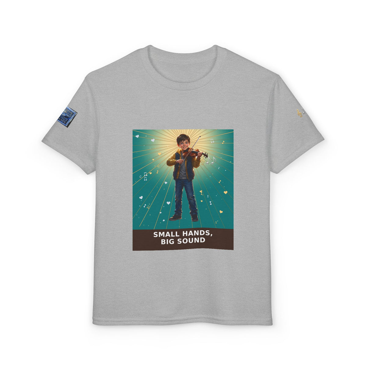 Small Hands, Big Sound — Boy Violin Pre-Teen Musician Tee (Teal) (Budget Edition)